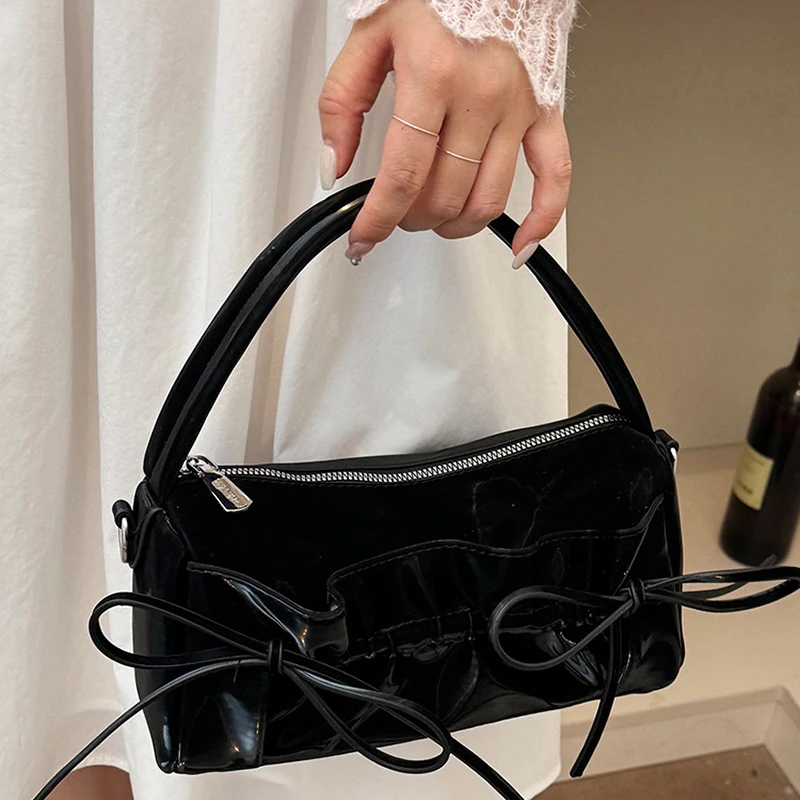 Schicke Umhängetasche mit Schleife und plissiertem Kordelzug, zylindrische Handtasche, Damen-Kissentasche mit abnehmbarem Riemen, Reißverschluss oben – Detail 12
