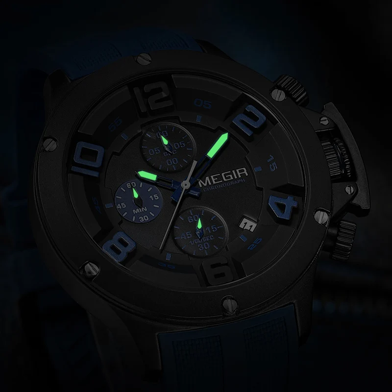 MEGIR 2025 Fashion Men's Silicone Strap Watch Luxury Calendar Chronograph Quartz Wristwatches Military Sport Luminous Clock Male