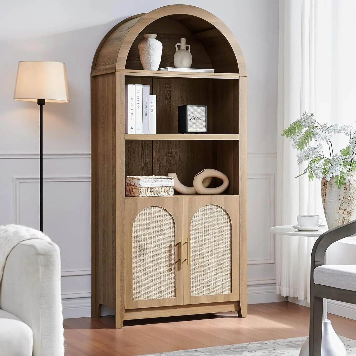 

69.3"Tall Mid Century Display Cabinet, Rounded Bookcase with Rattan Doors, Open Shelf Storage for Dining Room (Caramel Oak,1 PC)