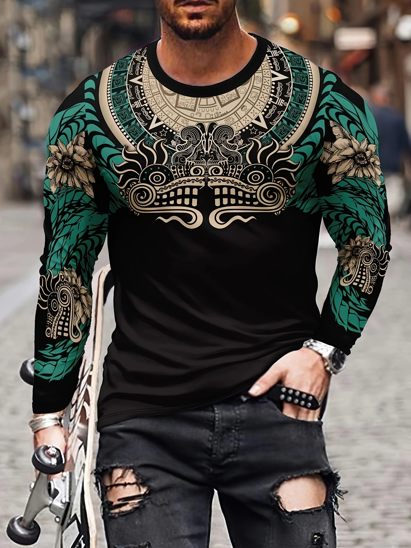 

Мужская повседневная футболка с длинным рукавом с 3D цифровой печатью, мужская модная эластичная футболка с круглым вырезом для спорта на открытом воздухе, пуловер, топ