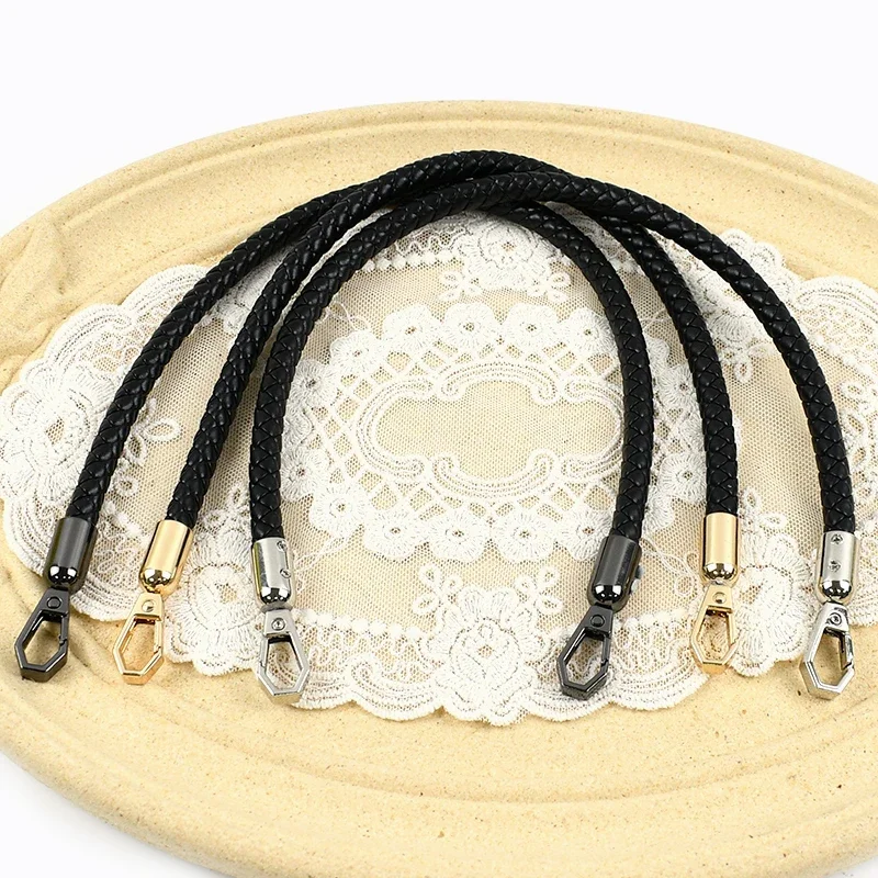 1/2Pcs 30-120cm Black PU Leather Bag Round Rope Handbag Handle Metal Buckle Chain Woven-bag Shoulder Strap Replace Accessories