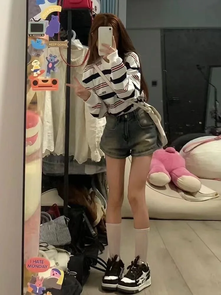 Retro Elastic Bodycon Denim orts Women Summer plus Size Slimming High Waist A-Line Wide Leg Hot Pants Casual Sle High Wai...