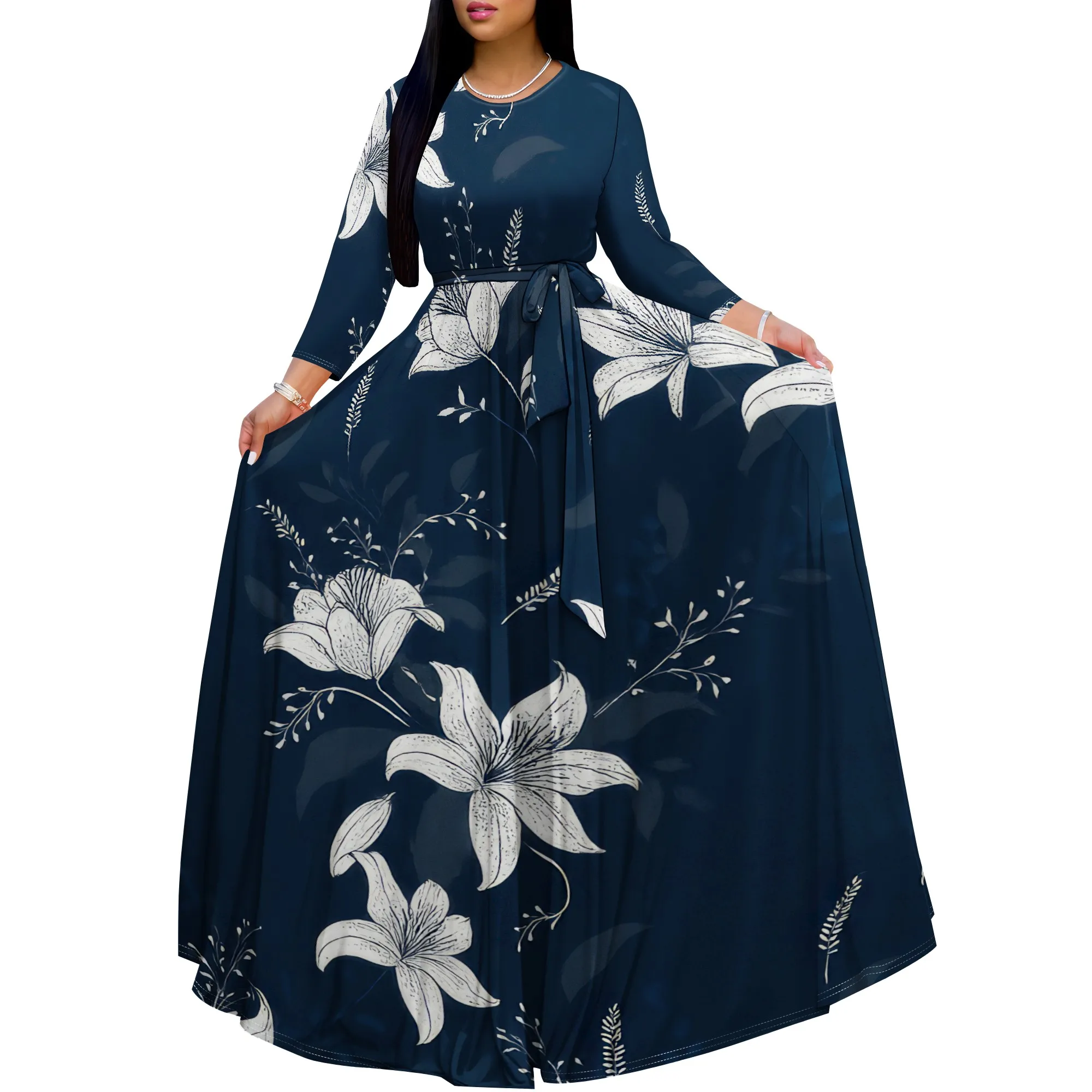 

Women's Floral Print Maxi Dresses Summer with Pockets Casual 3/4 Sleeve V-Neck Wrap Tie Waist Long Dress