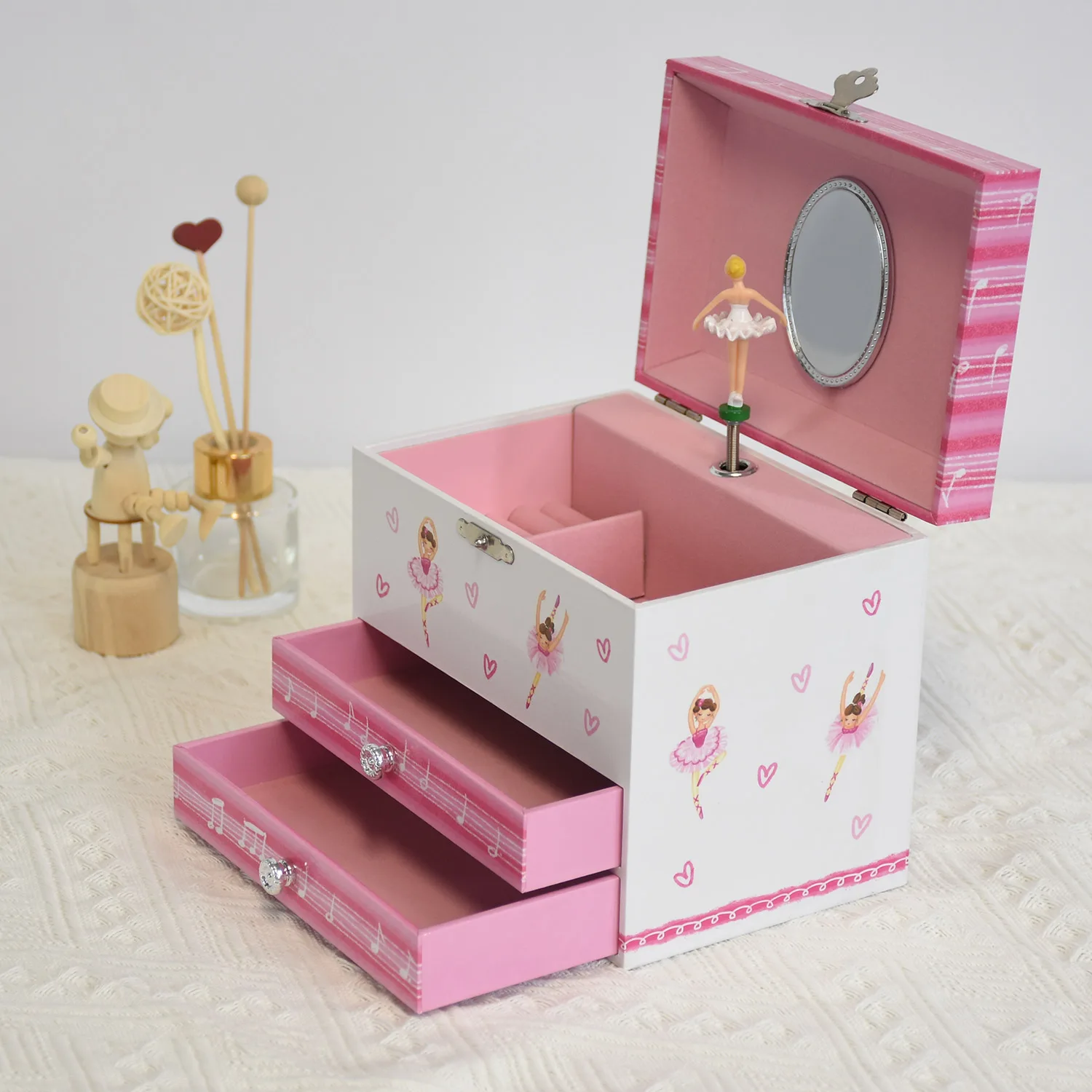 引き出し付き木製スクエアオルゴール、大容量、機械式巻き上げオルゴール、ジュエリー収納ボックス、ドレッシングテーブルに回転するバレエダンサー、デスクトップオーナメント、家の装飾品、誕生日プレゼント