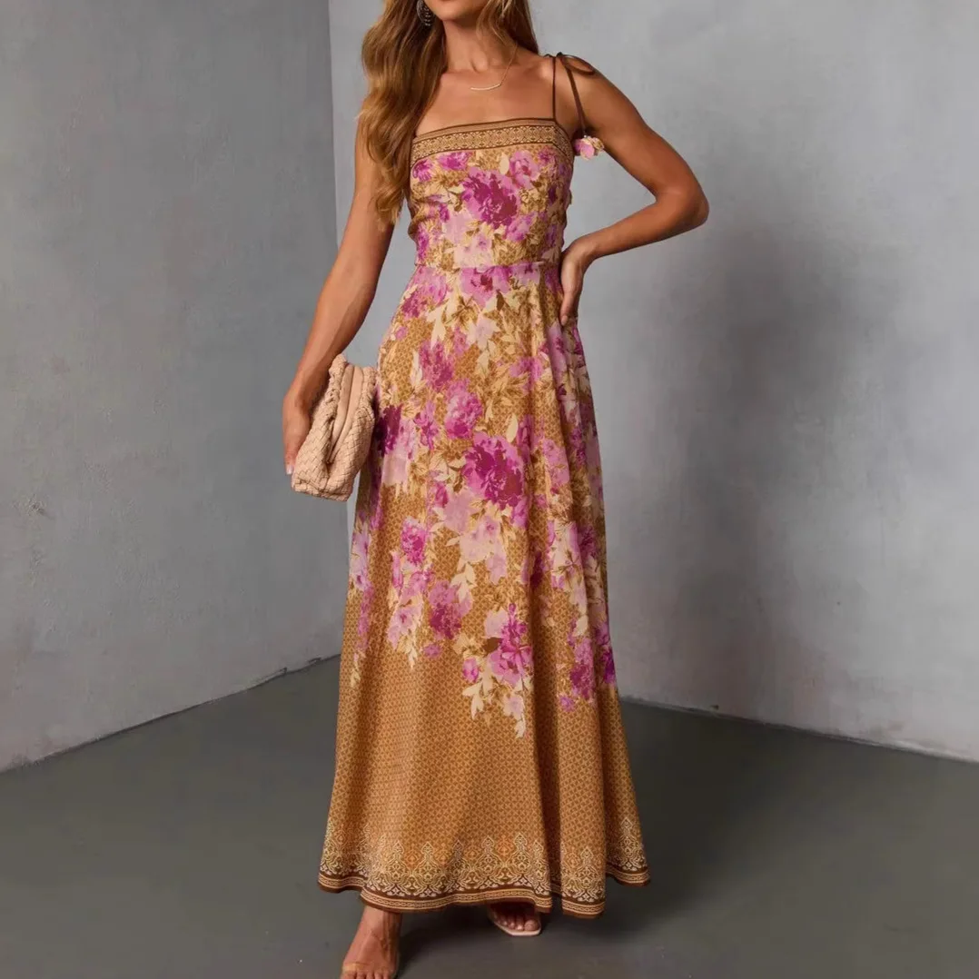 Women's Boho Floral Print Maxi Dress Square Neck Spaghetti Strap Flowy Long Dress Summer Beach Sundress