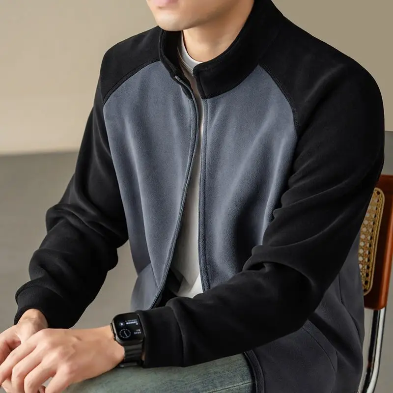 Men's Double-Sided Fleece Jacket Stand Collar Splicing Style Warm Inner Coat Outerwear Casual Long Sleeve Zipper Closure