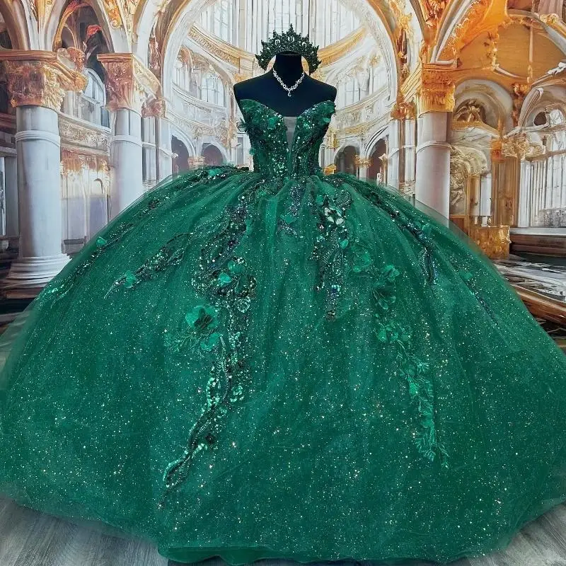 

Blackish Green Glittering Quinceanera Dresses Flower Lace Appliques Beads Tull Vestidos De 15 Anos Birthday Party Princess