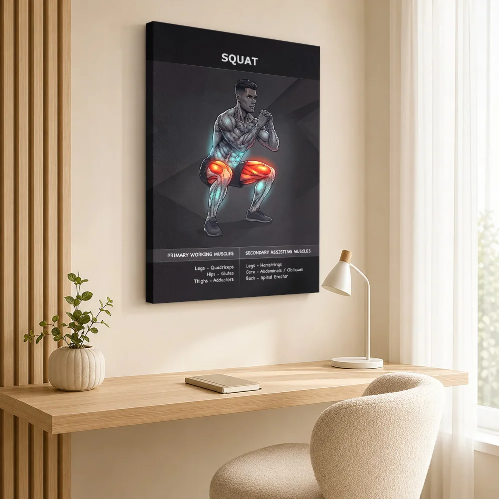 Squat Exercise Muscle Anatomy Framed Canvas Poster Personalized Sports Portrait Wall Paintings Decoration for Gym Ready to Hang