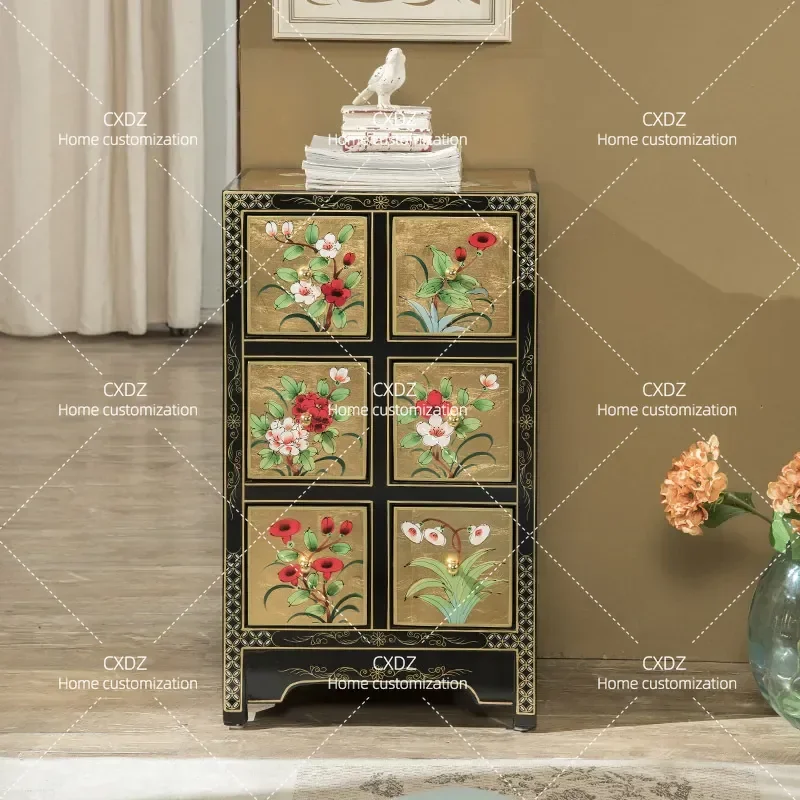 American Style Gold Foil Chest Cabinet Multi Functional Painted Storage Unit for Foyer Living Room Bedroom Solid Wood Side