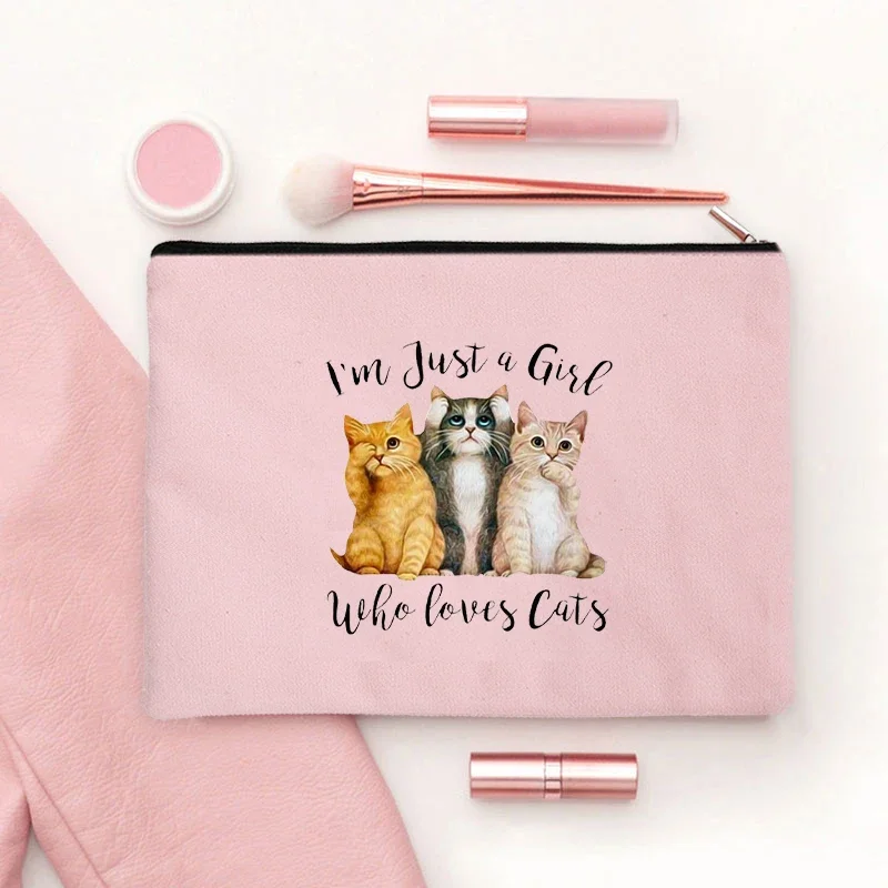 Bolsa de maquillaje de lona rosa con Ilustración de libro de gatos, caja de almacenamiento para lápices labiales de viaje, estilo de dibujos animados, a la moda