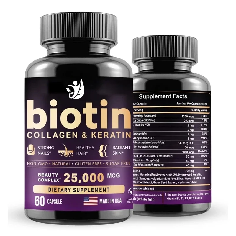 La biotina contiene 60 cápsulas de ácido hialurónico. Colágeno y queratina para uñas y piel. Como bien como vitaminas. B1,b2,b3,b6,b7