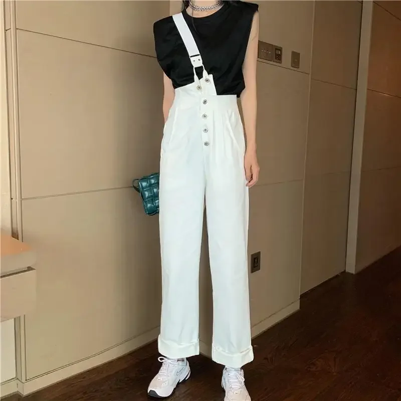 

2024 Jeans Jumpsuits White Black High Waist Jean Romper Women Solid Loose Casual Straight Denim Overalls Female Button Jumpsuit