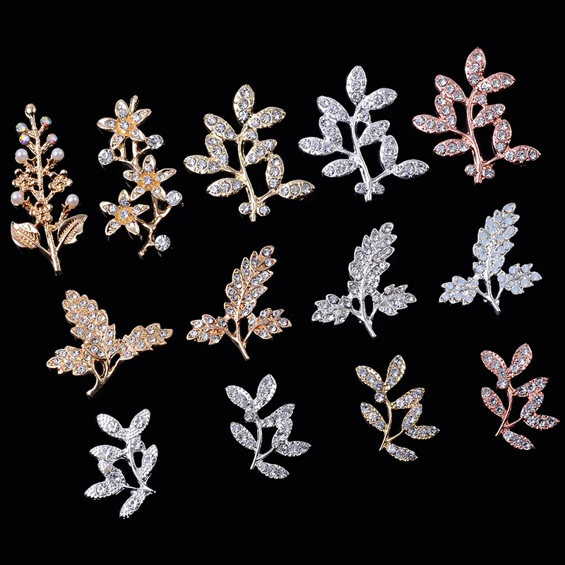 10 Pcs/Lot Tree Branch Leaves Flower Gold Silver Rhinestone Buttons Flatback Ornaments For DIY Crafts Hair Bouquet Accessories