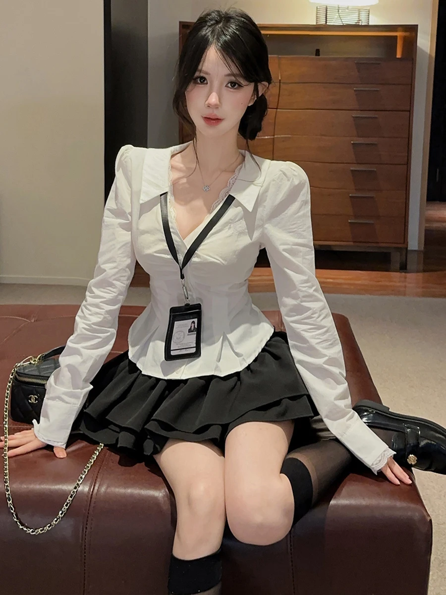 Pure Desire Spicy Girl Long Sleeve Lace Patchwork Waist Cinched Slim High Waist V-neck Shirt School Uniform Set for Women