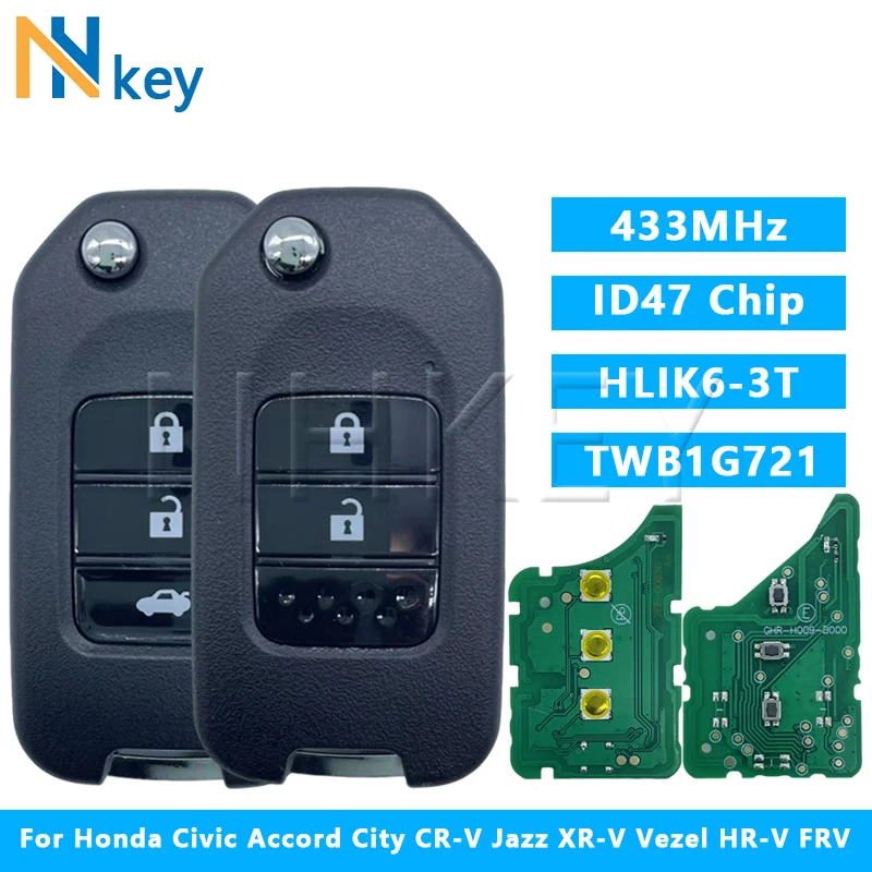 

NHKEY для Honda Accord Civic City CRV Jazz XR-V Vezel HR-V FRV 2/3BT дистанционный ключ 433 МГц PCF7961 HLIK6-3T/TWB1G721 A/G ID47 чип