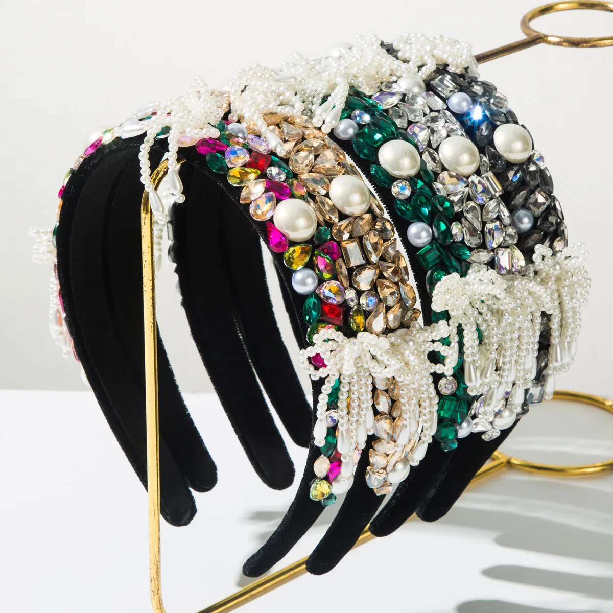 

Vintage Royal Style Headband With Pearl Tassel Dangle Oversized Colorful Crystal Hair Hoop Regal Banquet Hairpiece