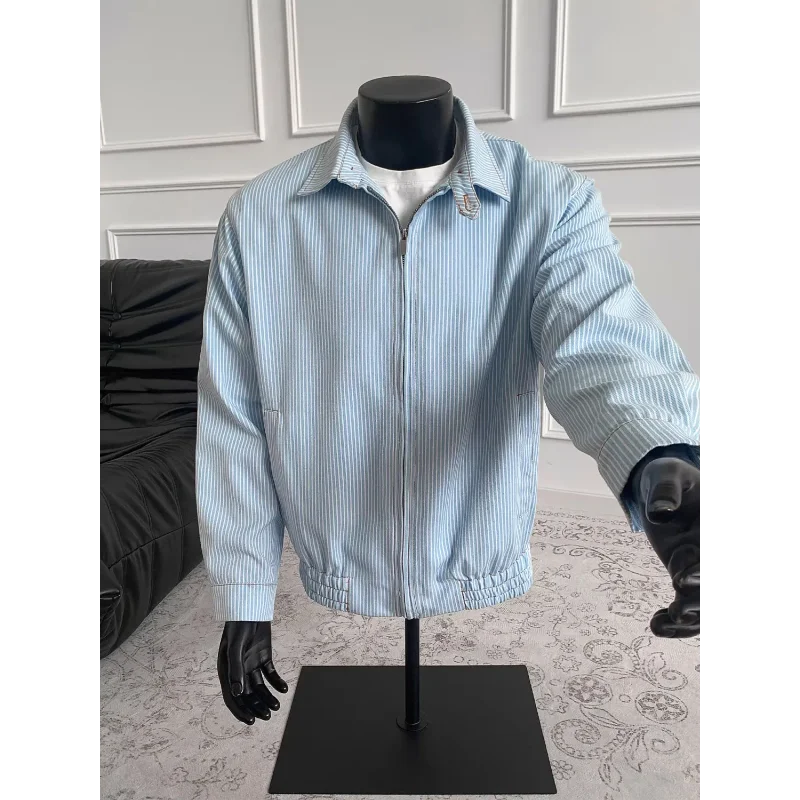 

Men's Striped Zip Up Jacket Light Blue Casual Loose Fit Collared Bomber Jacket
