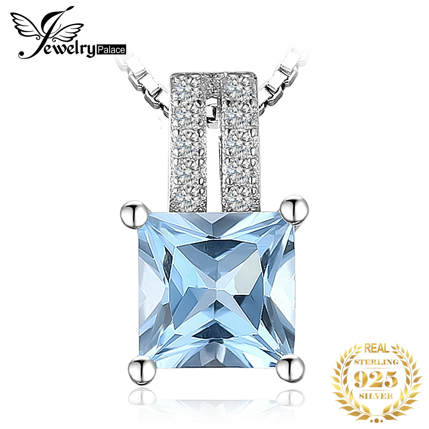 JewelryPalace 1.2ct Princess Cut Blue Topaz 925 Sterling Silver Naszyjnik dla kobiety bez łańcuszka