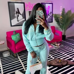 Women Waffle 2 Piece Set Long Sleeve Zip-up Sweatshirts Crop Top + Pants Fashion Casual Tracksuits Autumn Streetwear Suits