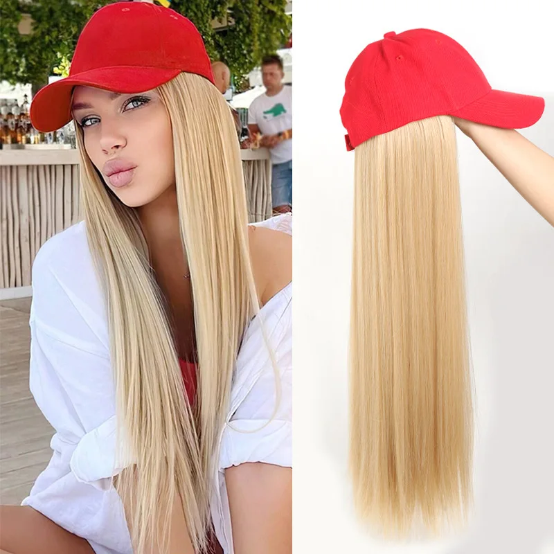 Baseball Cap with Hair Extensions Synthetic 22inch Straight Hairstyle Adjustable Wig Hat Attached Hairpiece for Woman Girl