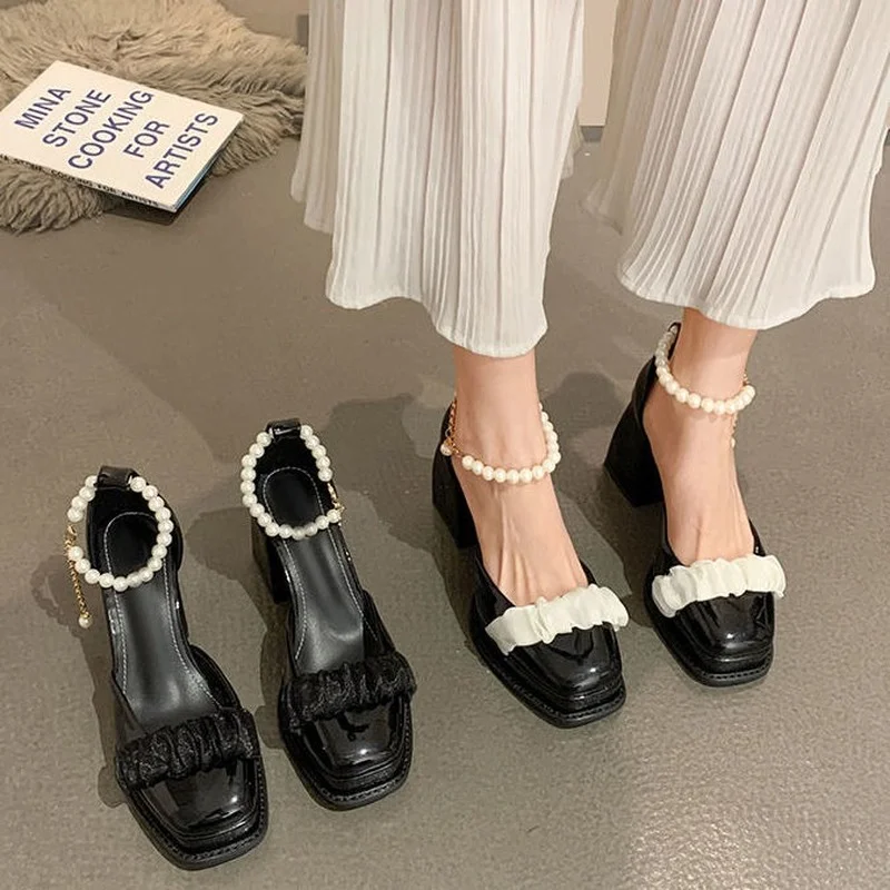 New Summer Shoes Platform Women Sandals String Bead Classics Solid Square Toe High Heels Shoes Designer Fashion Non-slip Vintage