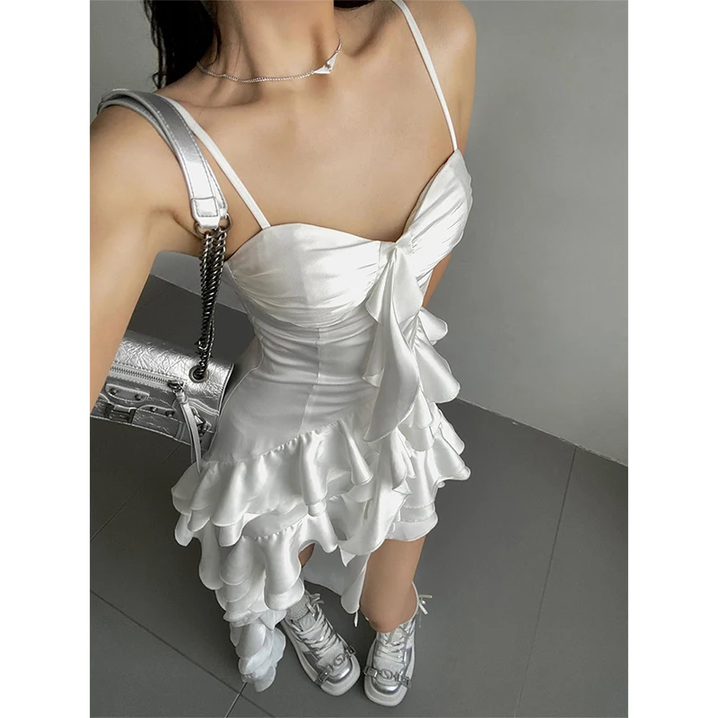 Y2K Irregular Midi Dress Women Aesthetic Sexy Spaghetti Strap Ruffles Dresses Summer Korean Fashion Party Bodycon Vestidos New