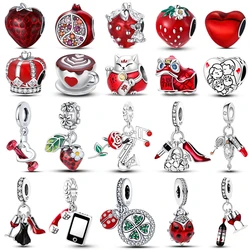 Real 925 Sterling Silver Strawberry Lipstick Ladybird Red Charms Bead Fit Pandora 925 Original Bracelets For women DIY Jewellery