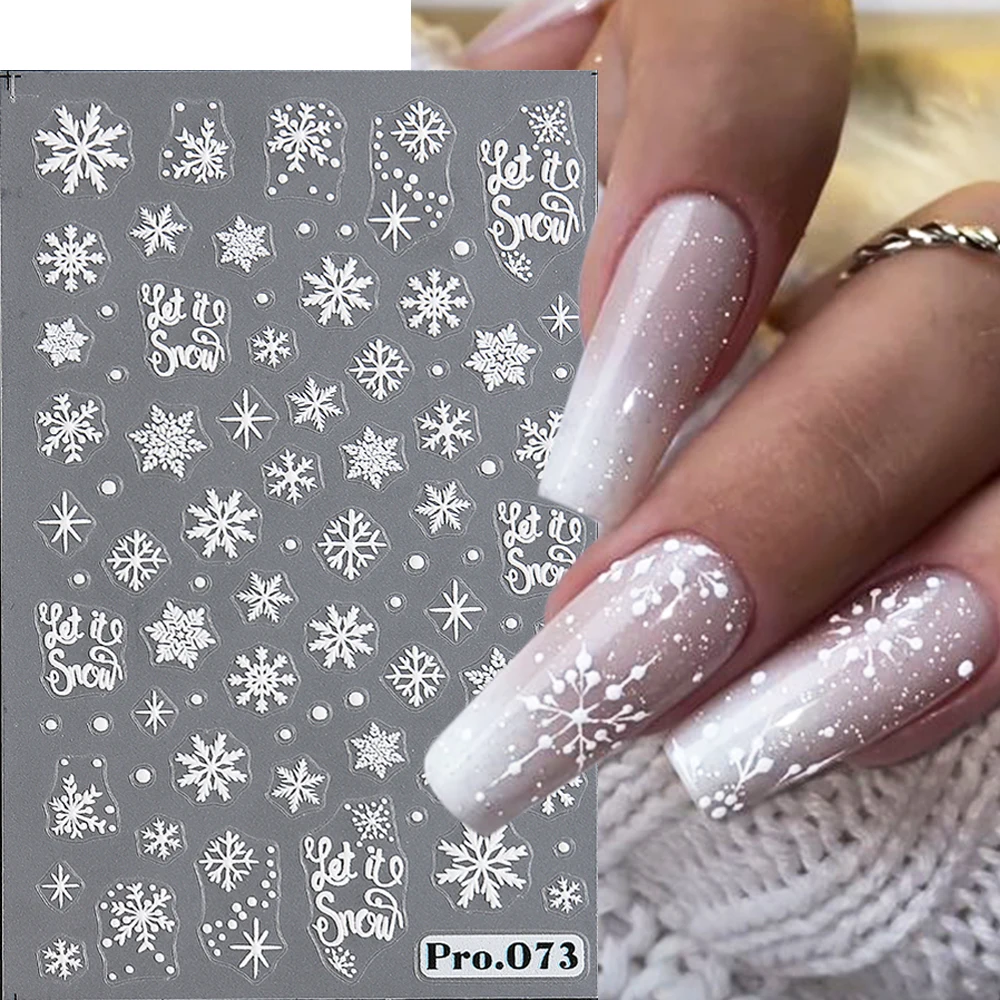 Adesivi con fiocchi di neve per unghie decalcomania per unghie neve bianca 5D goffrata inverno natale Design lettere Slider Manicure decorazione