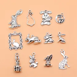 12pcs Antique Silver Color Rabbit Charms Collection For DIY Jewelry Making, 12 Styles, 1 of Each