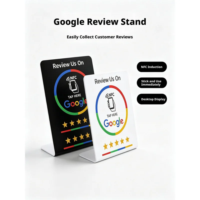 Scratch‑Resistant Matte Google Review NFC Card NTAG215, Bending Standing Display Stand, Reusable Tap Review Card for Business