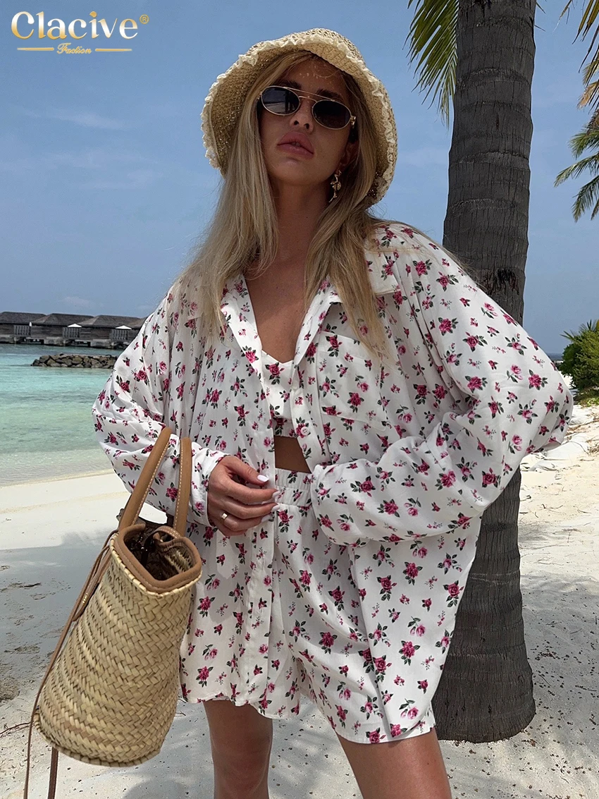 

Clacive Fashion Loose Print 3 Piece Set Woman Outfit 2025 Elegant Long Sleeve Shirt + Tank Top With High Waist Shorts Set Female