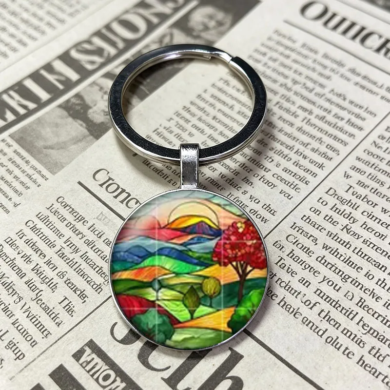 Vintage Gold Grid Mosaic Golden Sunset Colorful Mountain Valley Round Metal Key Holder