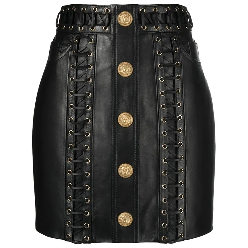 Stylish Designed Lace-up High Street All Match High Waisted Single Breasted Women Fashion Solid Skinny Pu Skirt