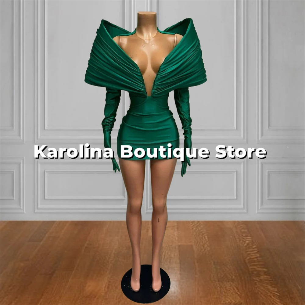 

Emerald Green Ruched Off The Shoulder Prom Dresses With Gloves Zipper Back Black Girls Mini Cocktail Dress Party Gown Customized