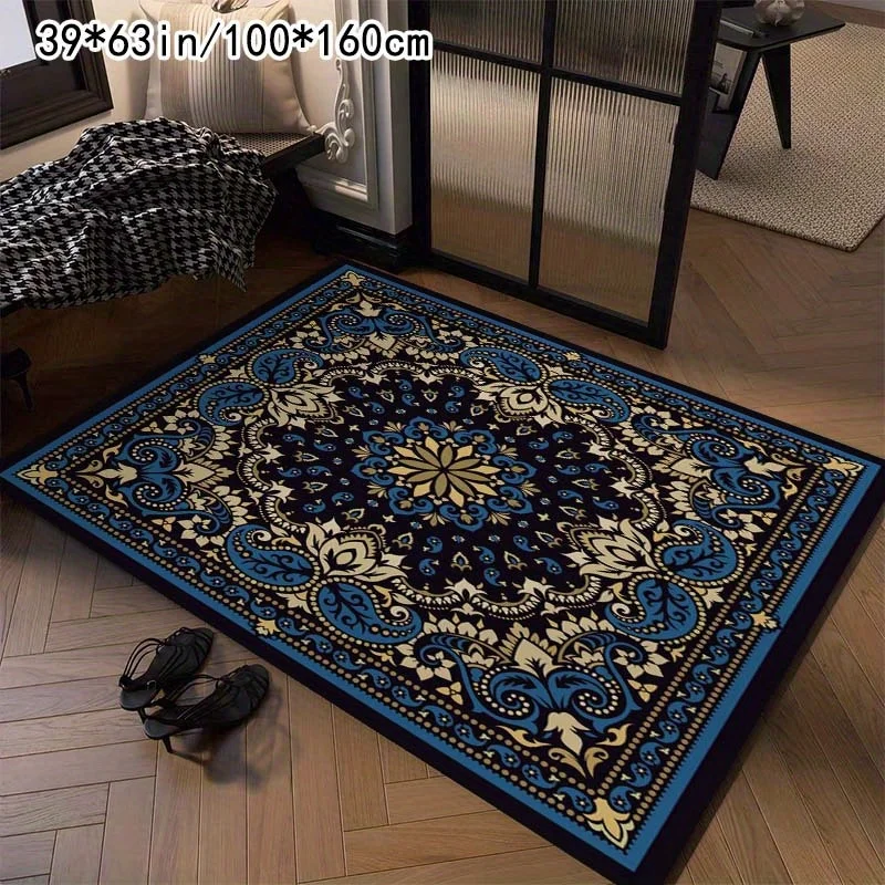 Blue Gold Diamond Velvet Persian Area Rug Machine Washable for Living Room Bedroom Dining Office Christmas Decor