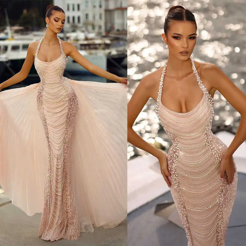 Pearls Halter Prom Dresses Women Mermaid Crystal Sequined Sleevless Evening Gowns Detachable Train Customized Party Dress