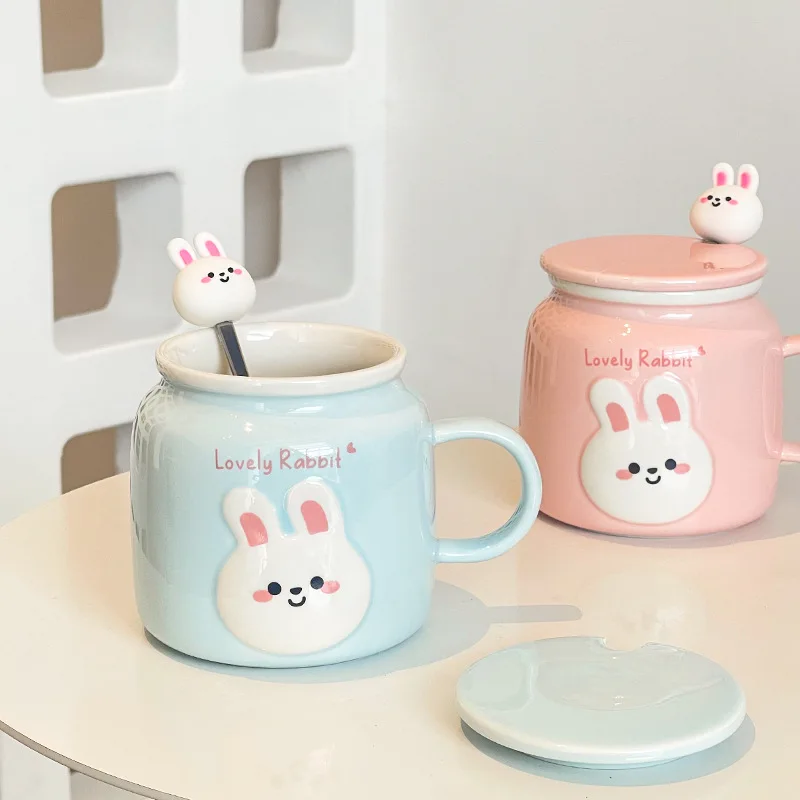 Cute Bunny Ceramic Cup with Lid and Spoon Big Capacity Creative Coffee Mug Office Milk Mug Ceramic Crafts Kitchen Drinkware