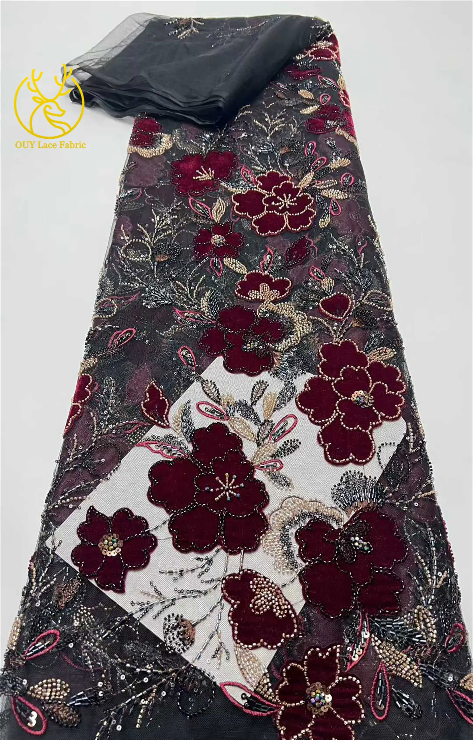 Neues Design Samt-Pailletten-bestickter Spitzenstoff 2026 Hochwertiger afrikanischer Perlen-Spitzenstoff Brautparty Hochzeitskleid Kleid – Detail 5