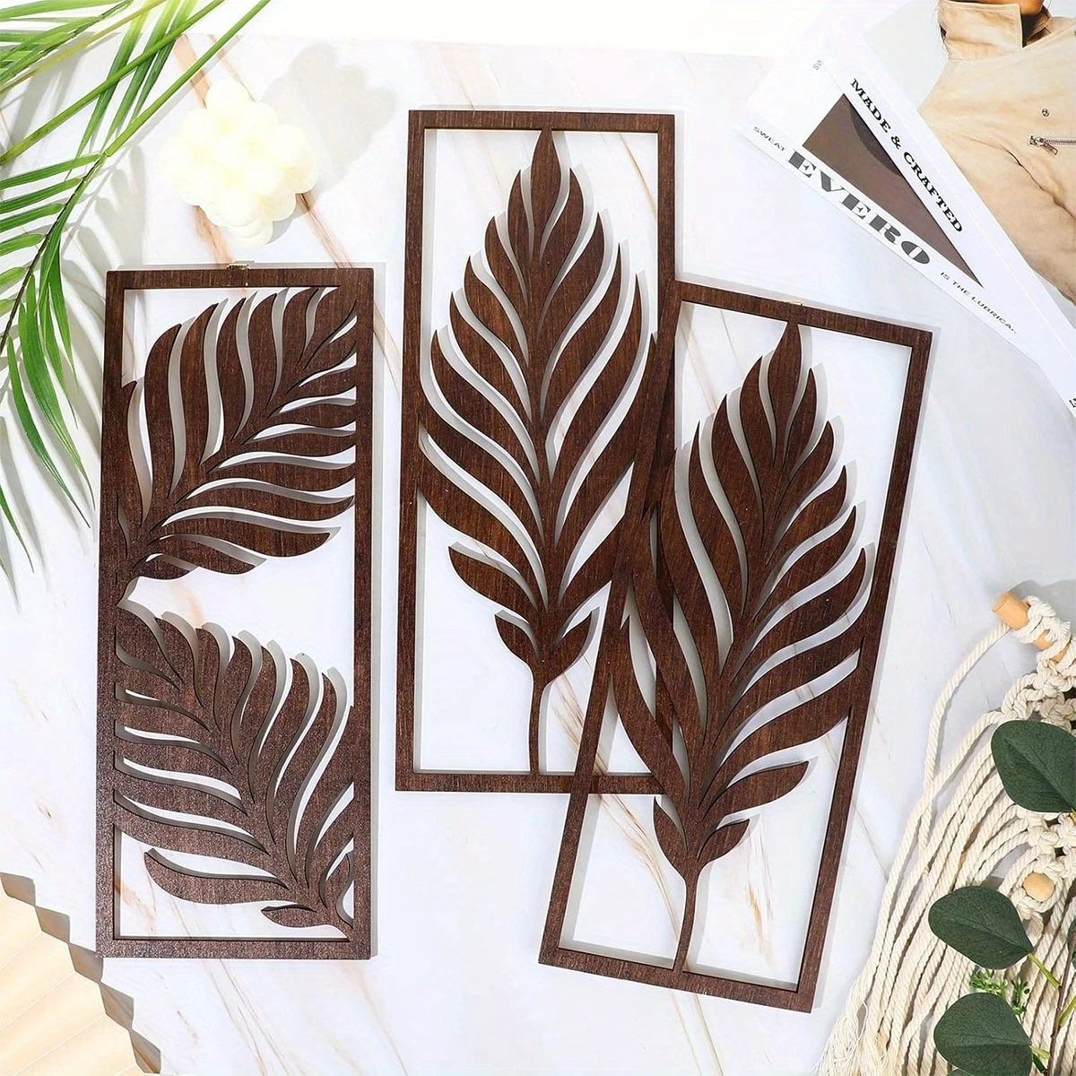 14in 3pcs 2D Rural-Style Wooden Leaf Wall Decoration with Bohemian Style Tropical Palm Design - Vintage Indoor/Outdoor Hanging
