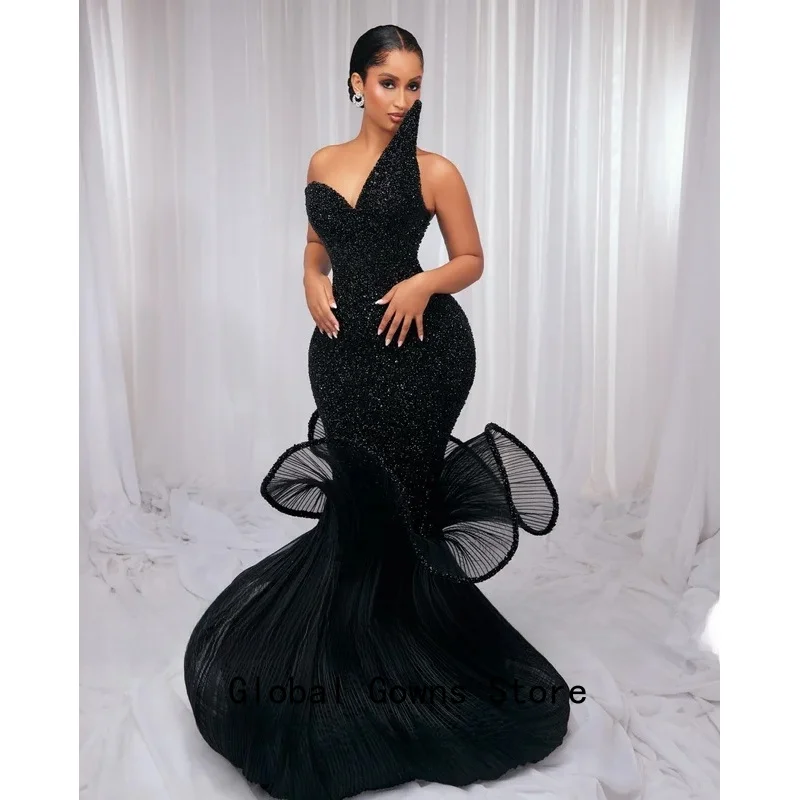 Aso Ebi African Black Evening Dress Ruffles Wedding Party Gown Luxury Dresses Long Prom Gowns Woman 2025 Customized