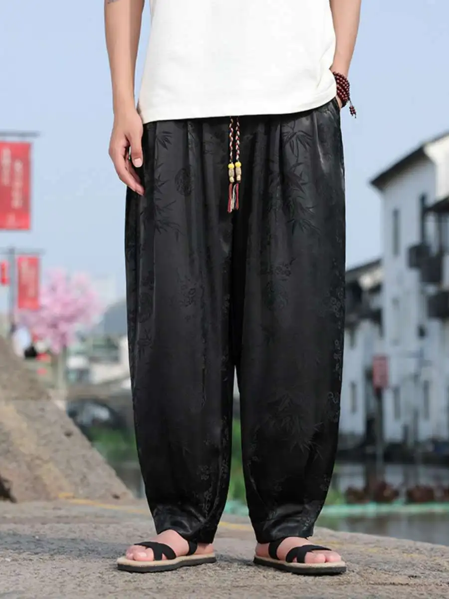 

Новые мужские повседневные брюки из ледяного шелка, свободные, дышащие, летние, с винтажным принтом, больших размеров, в китайском стиле, широкие штаны