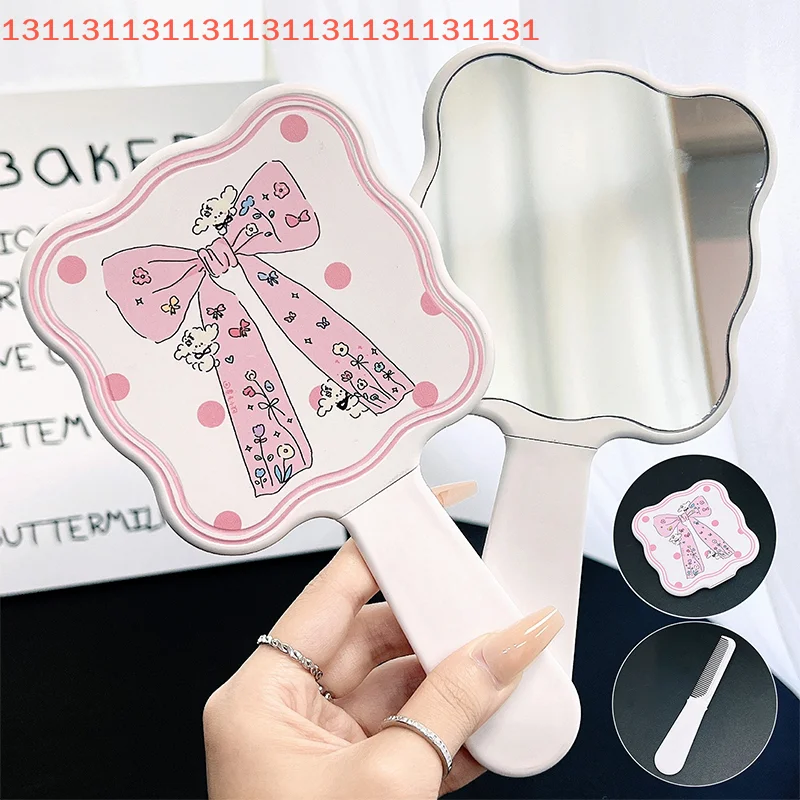 مشط مرآة وردي لطيف على شكل فيونكة محمولة، مشط مرآة محمول، فرشاة شعر متكاملة، أداة تصفيف التدليك، مرآة مكياج #2