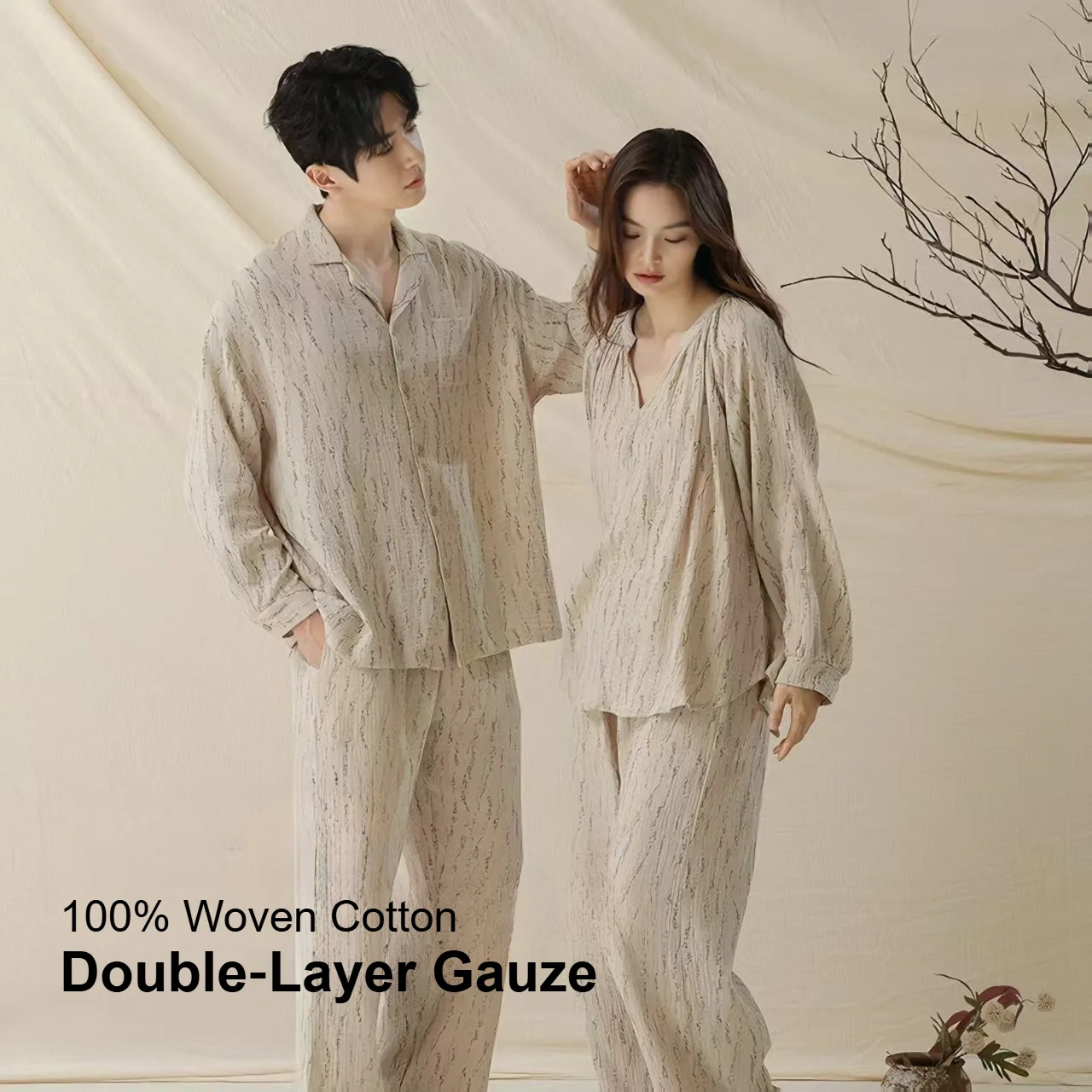 Double Layer Class A Cotton Couple Pajamas Set for Women and Men, Long Sleeved Loungewear Ideal for Spring and Autumn