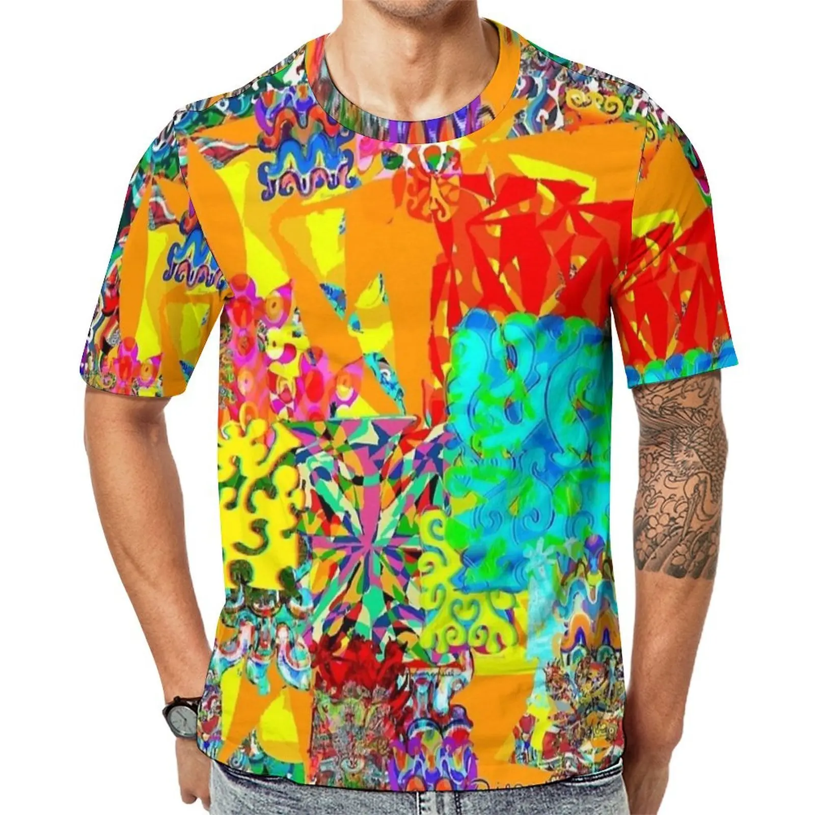 Couple Orange Pop Abstract Mosaic Print T-Shirt Harajuku T Shirts Short-Sleeve Design Tops Summer Casual Oversized Top Tees