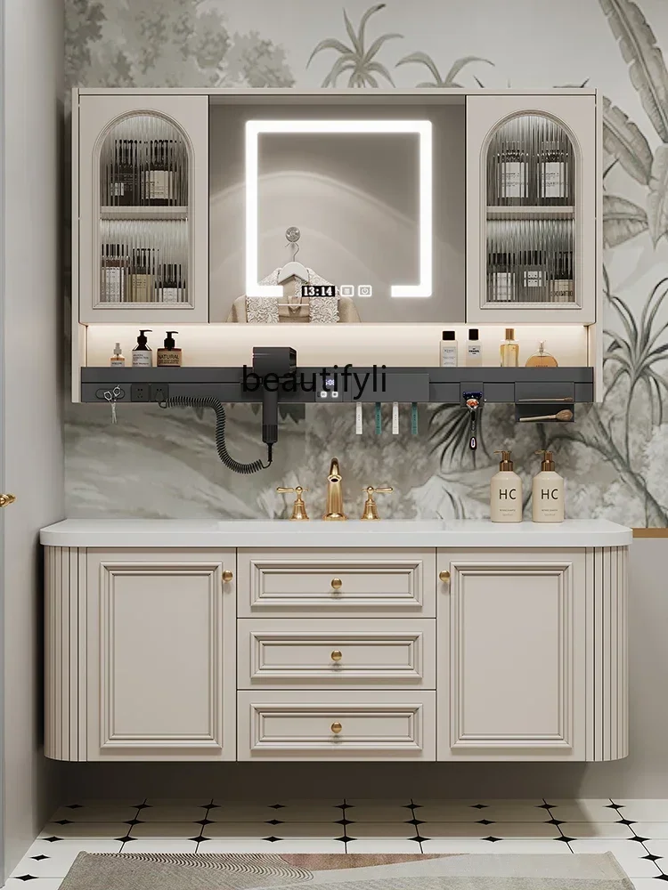 

YH French Retro Bathroom Cabinet Oak Bathroom New Stone Plate Seamless Hand Washing Bathroom Cabinet Combination