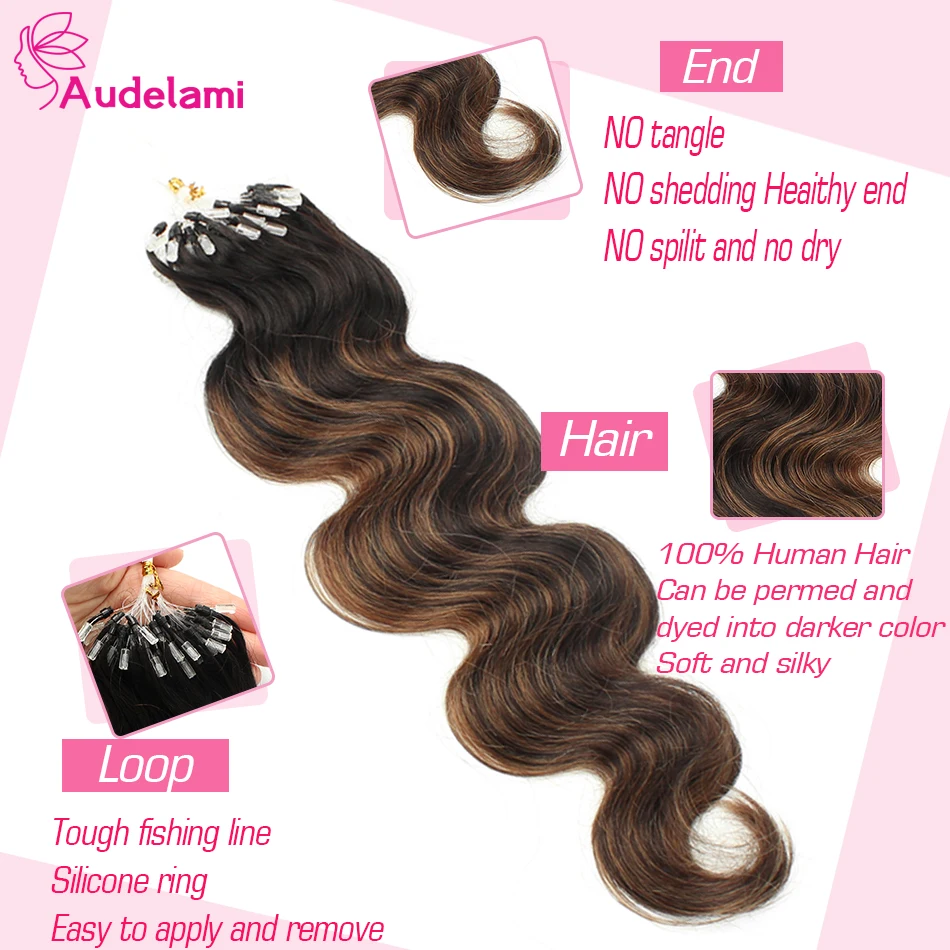 Audelami Body Wave doczepiane włosy z mikro pętelką ludzkie włosy doczepiane z mikro pierścieniem pętla ludzkie włosy 0,8 g/s 1 g/s 50 s/zestaw