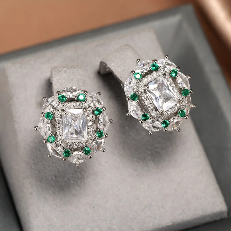 Light Luxury Temperament Rectangular Zirconia Edge Green Hollow Ear Buckle, Niche Design Sense, Hundred Matching Accessories