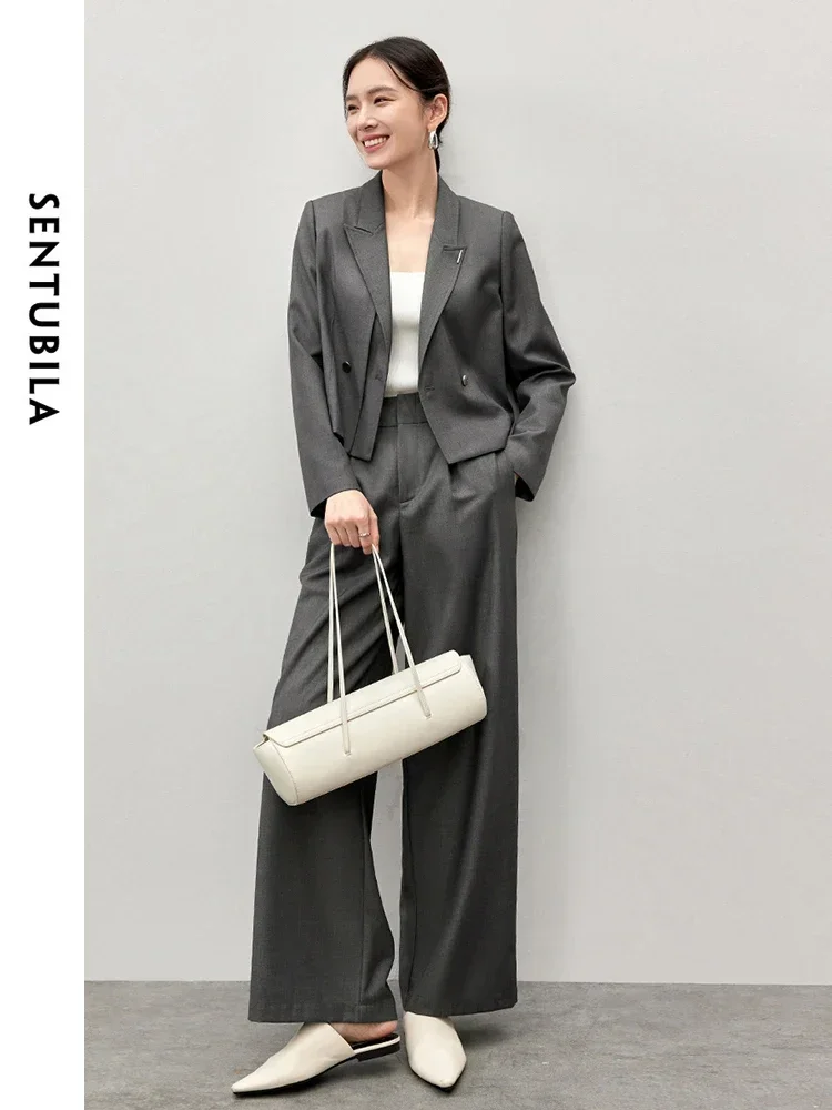 

SENTUBILA Office Lady 2 Piece Pant Sets for Women 2024 Autumn Double Breasted Short Blazer Wide Long Length Pants Set 143Z56297