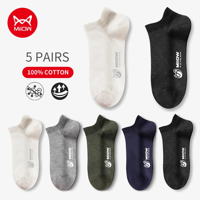 MiiOW 5 Pairs Cotton Man Socks Embroidered LOGO Breathable Anti Slip Men's Sock Deodorant Breathable Ankle Socks Shoes Youth