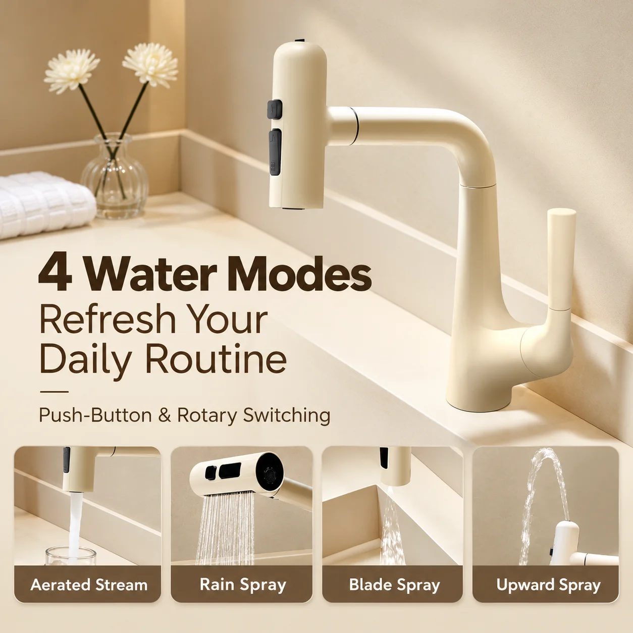 Pull Out Brass Bathroom Faucet 4 Spray Modes Upward Fountain Spray Height Adjustable 360° Swivel Hot Cold Single Hole Mixer Tap
